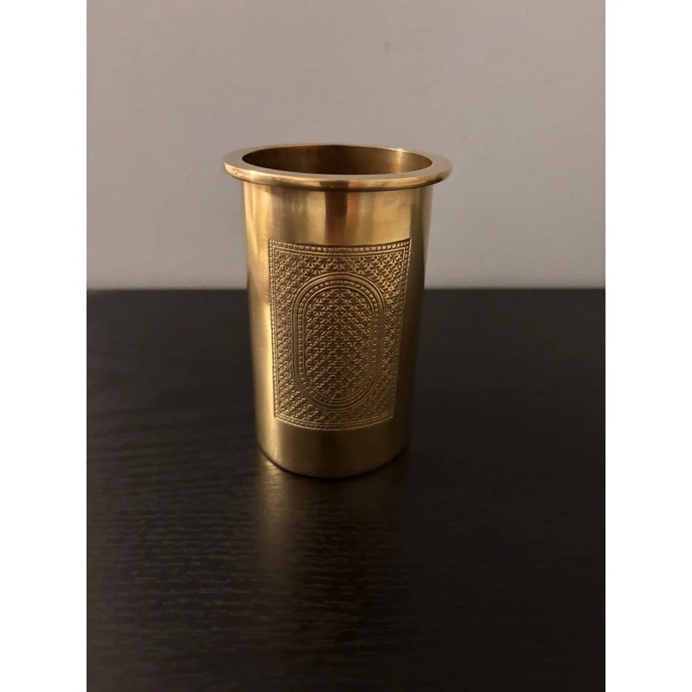 The Bombay Company Vintage Brass Jeweled Etched Cylinder Vase Pencil Pen‎ Holder